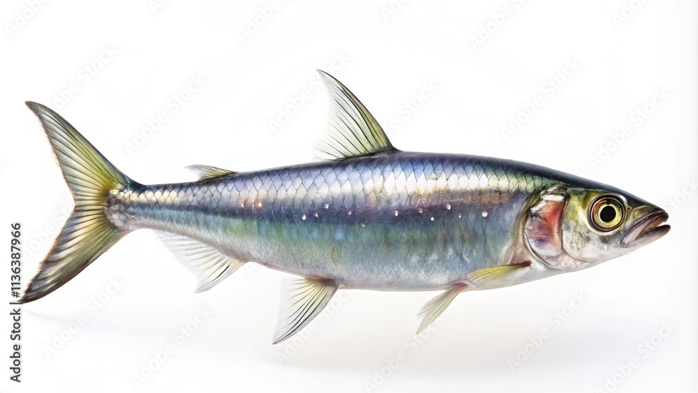 Side View of a Sardine Fish Swimming Gracefully Isolated on a White Background, Capturing the Elegance and Movement of Aquatic Life in Conceptual Photography Side View of a Sardine Fish Swimming Gracefully Isolated on a White Background, Capturing the Elegance and Movement of Aquatic Life in Conceptual Photography