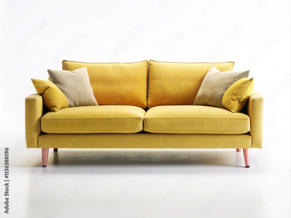 Naklejka premium Soft Yellow Sofa on White Background - Isolated Cozy Couch with Comfortable Fabric Against Minimalist White Wall for Interior Design Inspiration and Home Decor Ideas