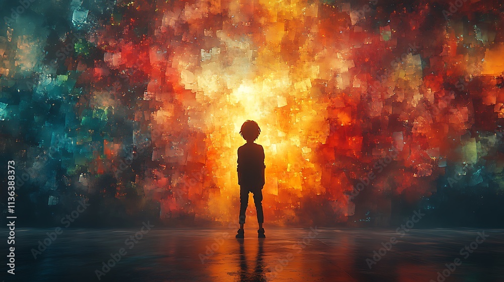 Boy Silhouetted Against A Vibrant Colorful Wall Boy Silhouetted Against A Vibrant Colorful Wall
