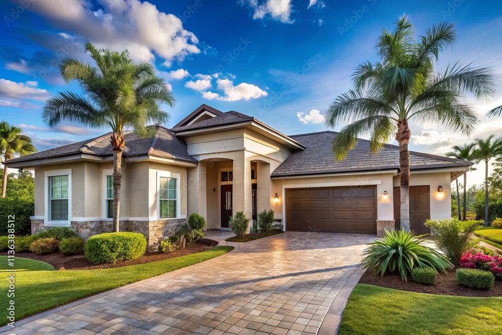 Fototapeta premium Stunning Newly Constructed Home for Sale in Florida with Modern Design, Spacious Interiors, and Lush Landscaping, Perfect for Families Seeking a Dream Property in the Sunshine State
