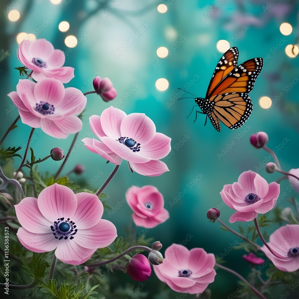 Beautiful spring flowers with butterfly on bokeh background, Beautiful spring flowers with butterfly on bokeh background,