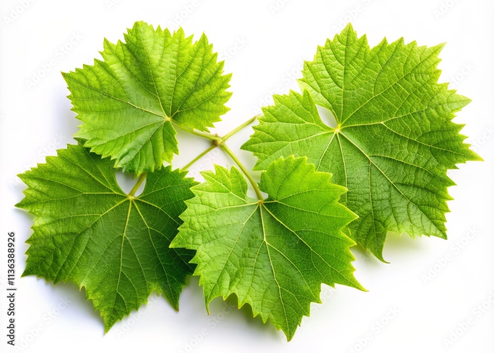 Fototapeta premium Top View of Isolated Green Grape Leaves on a White Background, Perfectly Composed Using the Rule of Thirds to Highlight the Natural Beauty and Texture of the Leaves