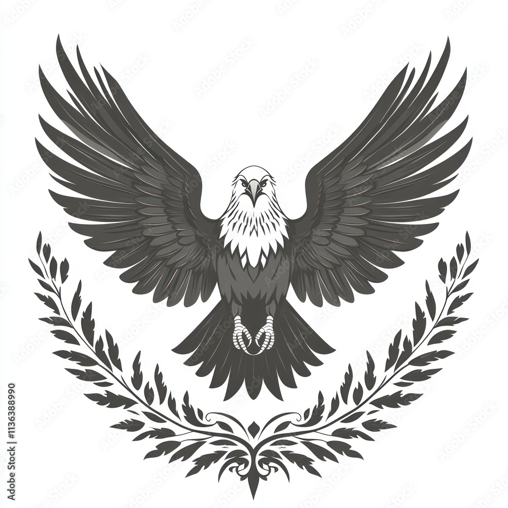 Obraz premium Majestic eagle with wings spread, perched above a laurel wreath.