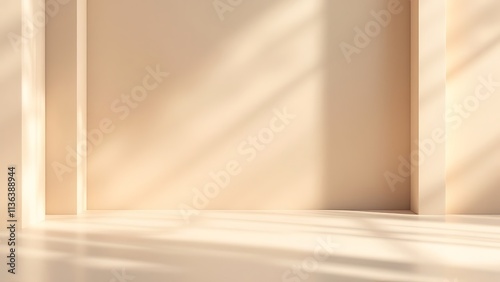 Empty cream beige room studio with shadow of leaves for product presentation. Autumn background. Summer tropical backdrop. Cosmetic showroom.