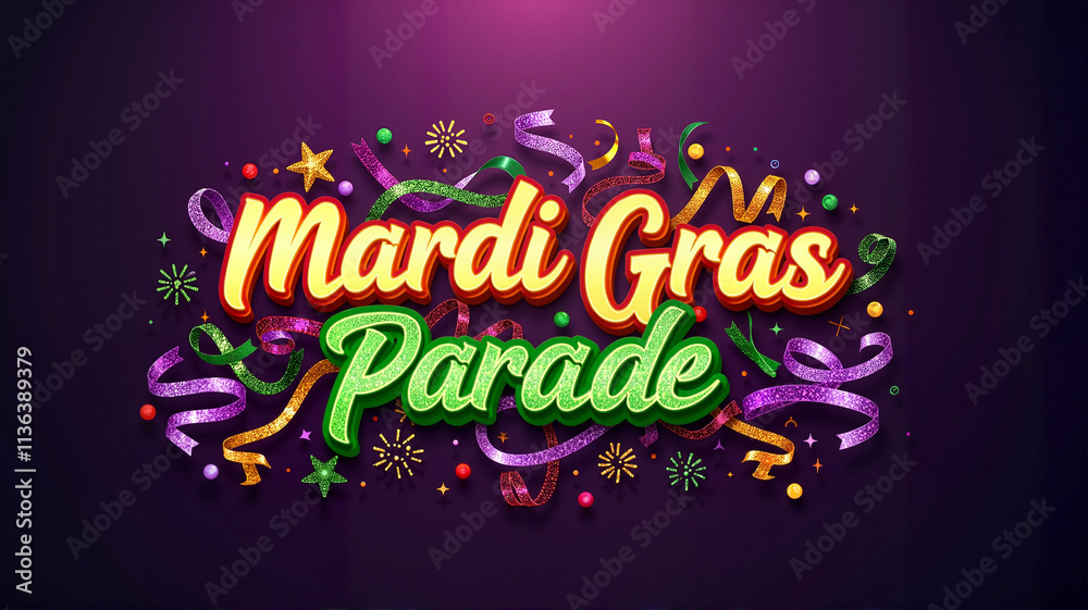 Mardi Gras Parade text with colorful lights and festive decorations on a dark background Mardi Gras Parade text with colorful lights and festive decorations on a dark background