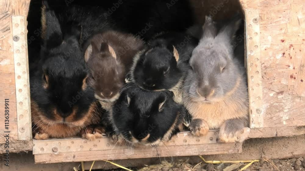 Bunnies and cute baby bunnies sleep in their kennel on the farm, cutely and funny wiggling their noses. Cute domestic rabbits on the farm