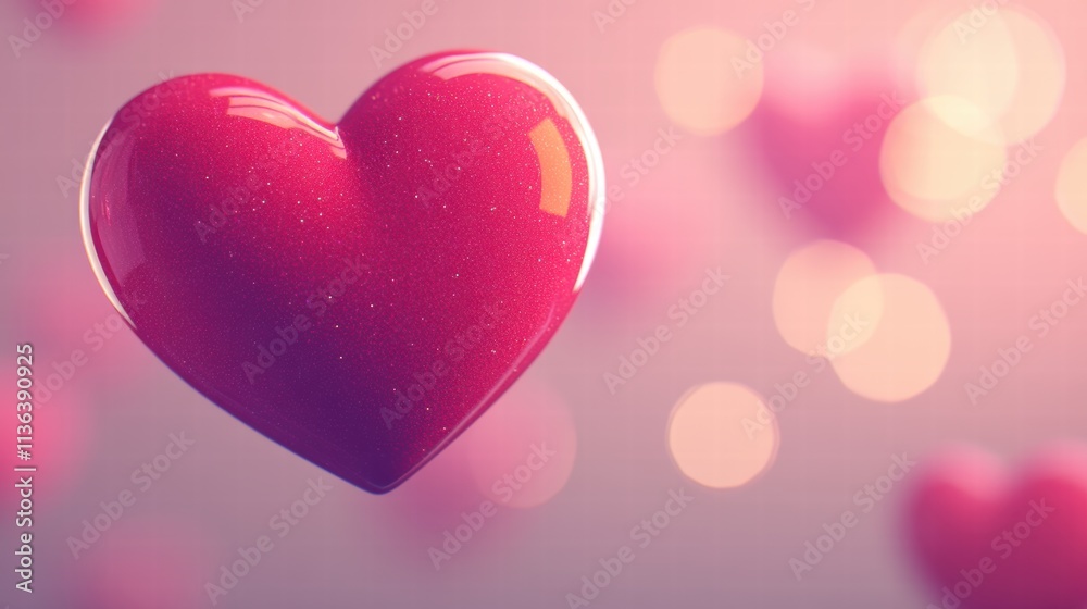 A glossy pink heart with a sparkling surface, set against a dreamy background of soft glowing bokeh lights in warm hues. A glossy pink heart with a sparkling surface, set against a dreamy background of soft glowing bokeh lights in warm hues.