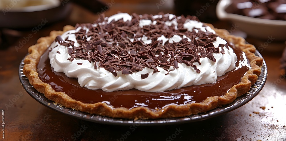 A delicious chocolate cream pie topped with whipped cream and chocolate shavings. A delicious chocolate cream pie topped with whipped cream and chocolate shavings.