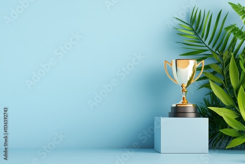 A clean, minimalist illustration of a trophy on a podium, drawn with sharp lines and subtle gradients of gold and white, symbolizing excellence