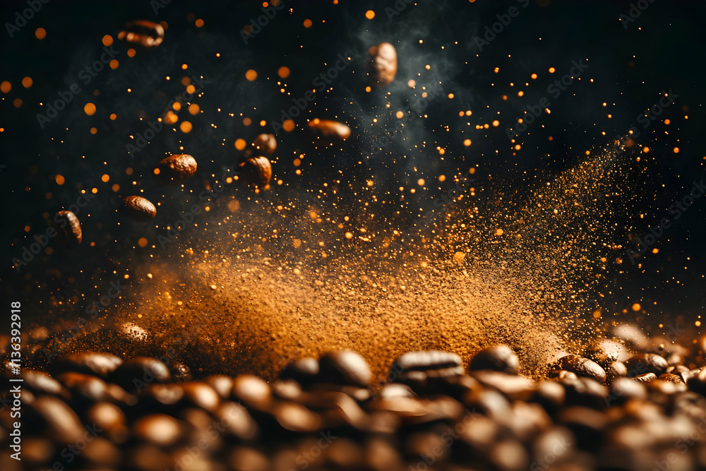 Roasted coffee beans exploding with dust and steam on dark background. Roasted coffee beans exploding with dust and steam on dark background.