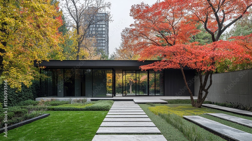 Fototapeta premium Modern Minimalist Home Surrounded by Vibrant Autumn Foliage and Lush Gardens