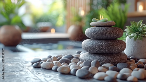 Serene spa stones candle zen garden peaceful relaxation. photo