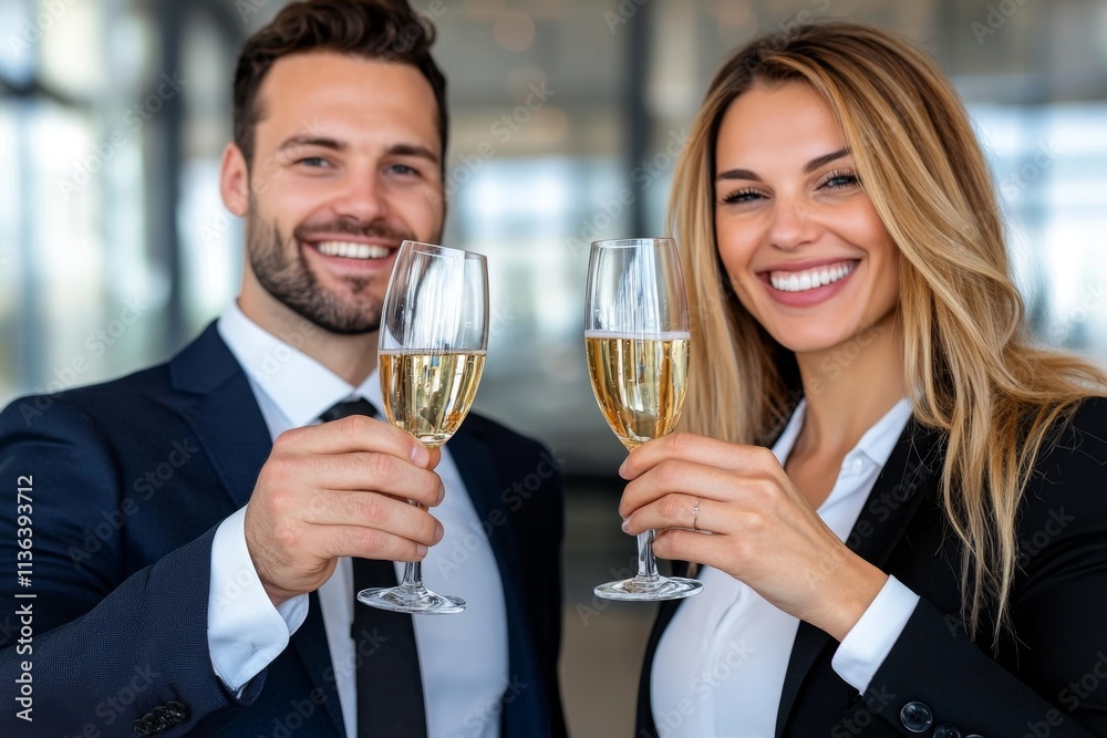 A corporate team celebrating the completion of a successful project, toasting with champagne in a modern office setting A corporate team celebrating the completion of a successful project, toasting with champagne in a modern office setting