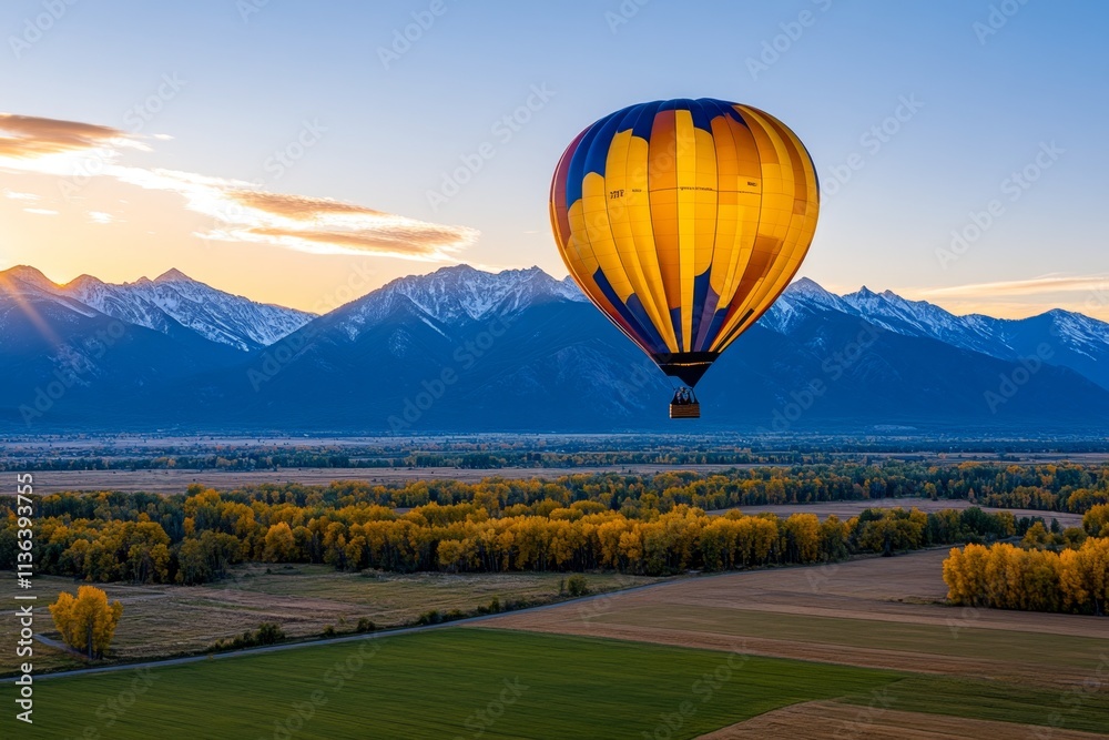 Fototapeta premium A couple enjoying a hot air balloon ride at sunrise, with sweeping views of green fields and distant mountains