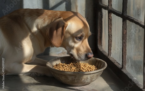 A dog patiently waiting by its food bowl filled with dry food