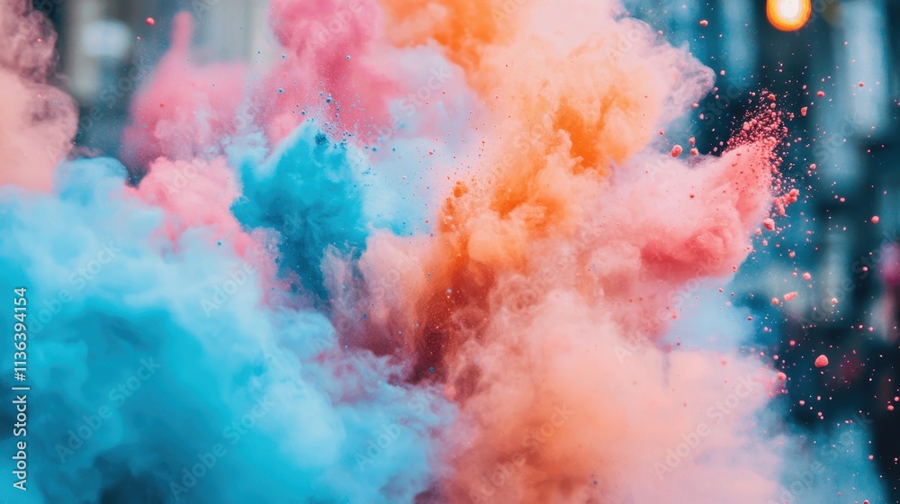 Vibrant Colorful Smoke Explosion in Air with Blue, Pink, and Orange Pigments Vibrant Colorful Smoke Explosion in Air with Blue, Pink, and Orange Pigments
