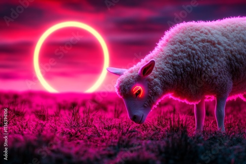 A cyberpunk-inspired scene with a ewe grazing on neon-colored plants in a futuristic, glowing field