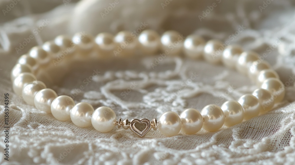 Elegant Pearl Bracelet with Heart Charm on Delicate Lace Background Elegant Pearl Bracelet with Heart Charm on Delicate Lace Background