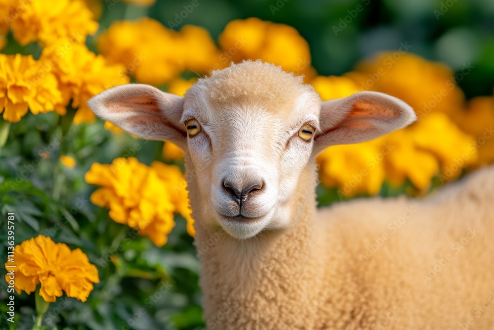 Obraz premium A ewe grazing near a vibrant bed of marigolds, with a warm sunlight casting soft shadows