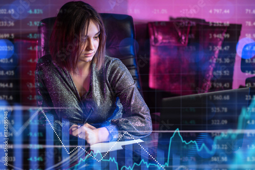 Woman investor at desk. Fin...