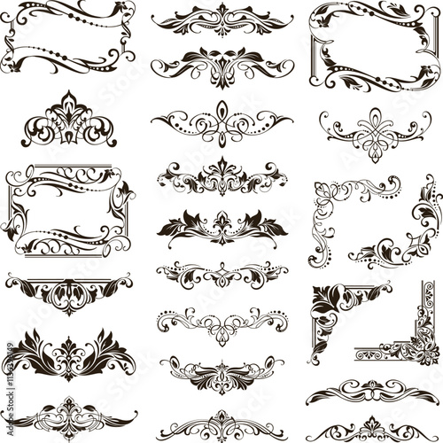 
Vintage design lace borders monogram logo and corners, dividers Vector set art deco floral ornaments elements