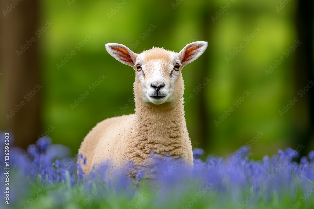 Fototapeta premium A ewe surrounded by blooming bluebells in a peaceful woodland glade