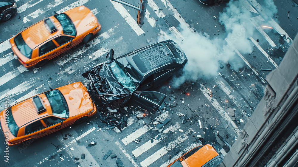 Aerial view of a car accident involving a black vehicle and multiple taxis on a busy street Aerial view of a car accident involving a black vehicle and multiple taxis on a busy street