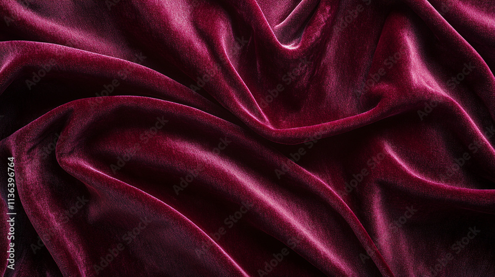 Fototapeta premium Rich burgundy velvet fabric illuminated by soft light, creating a smooth and opulent texture with reflections