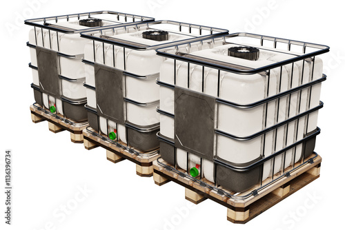 IBC tanks. Plastic barrels on pallets. Reservoirs for transporting liquids. IBC in metal sheathing. Plastic square containers with euro pallets. IBC isolated on white. Fuel storage tanks. 3d image