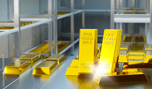 Gold bars on shelves. Wareh...