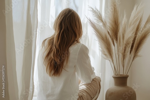 Caucasian female with long hair sitting by window, neutral tones and pampas grass in vase