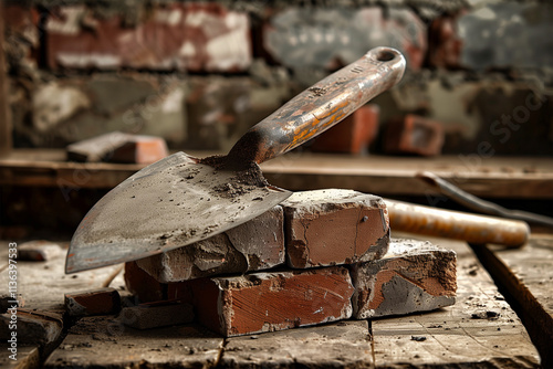 Trowel and Bricks Symbolizing Construction, Building Process, and Craftsmanship