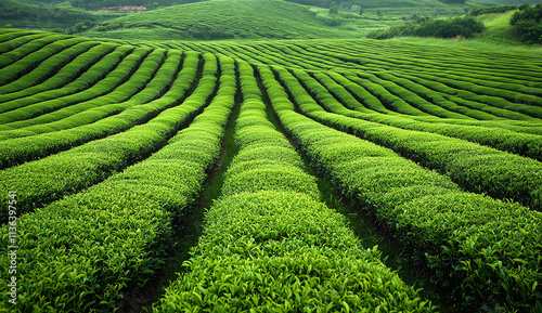 The tea garden is covered with dense green grass, arranged in rows and shaped like small hills. The ground surface of the grass field forms an endless sea