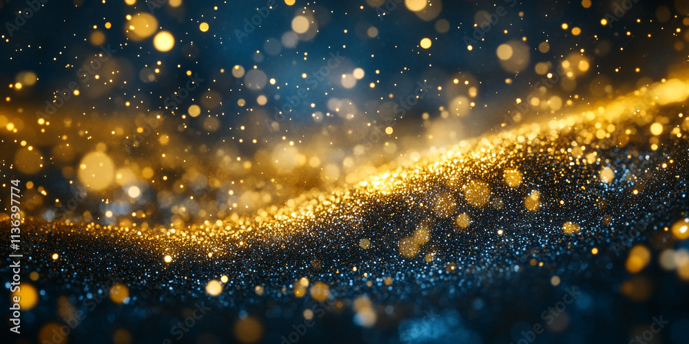 Shimmering gold particles suspended over a dark blue background, casting a refined, glowing charm Shimmering gold particles suspended over a dark blue background, casting a refined, glowing charm