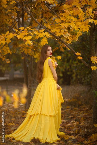 Obraz na płótnie Young princess walking in a beautiful yellow dress. w salonie