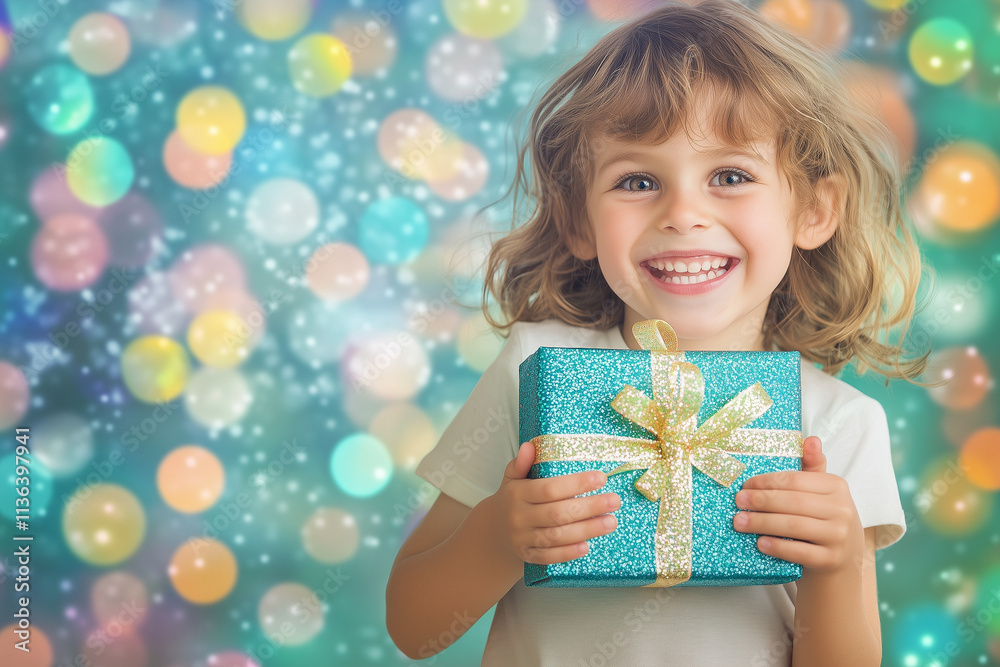 An excited child holding a birthday present, eyes sparkling with happiness, with copy space. Bright festive lighting. Party setting background An excited child holding a birthday present, eyes sparkling with happiness, with copy space. Bright festive lighting. Party setting background