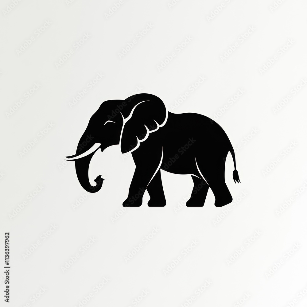 Obraz premium Silhouette of an African elephant walking, simple black and white design.