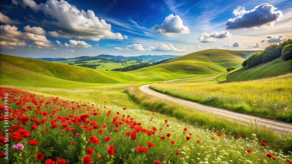 Serene Countryside Road Winding Through Vibrant Poppy Fields and Rolling Green Hills Serene Countryside Road Winding Through Vibrant Poppy Fields and Rolling Green Hills