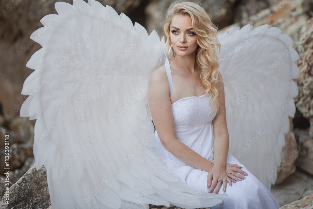 Girl with angel wings sits on the stones.