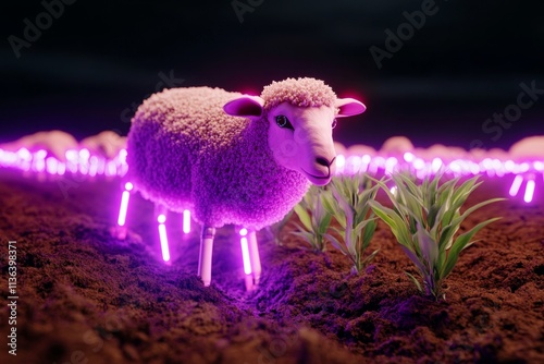 A futuristic farm scene with robotic caretakers tending to ewes and maintaining rows of glowing bioengineered plants photo