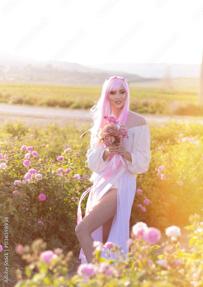 Beautiful woman in a floral park, garden roses. Makeup, hair, a wreath of roses.