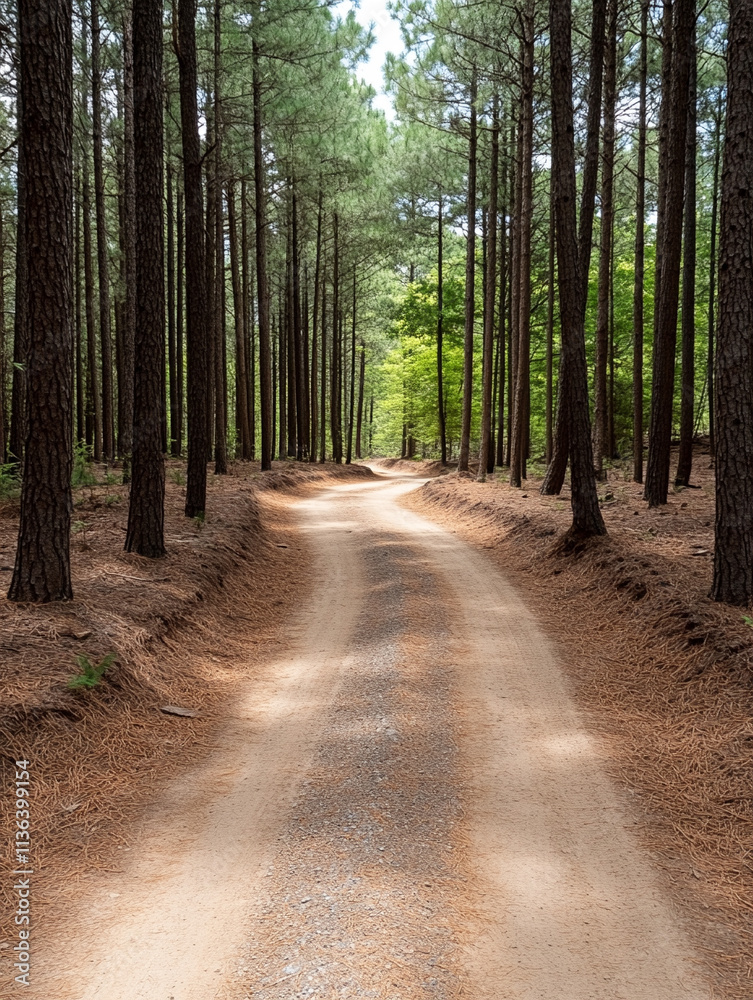 Obraz premium Peaceful dirt road winding through tall pine trees