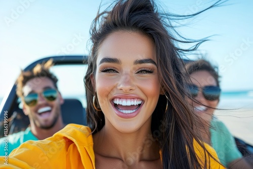 A group of friends taking a road trip, laughing and singing along to music in a car with an open road stretching ahead photo