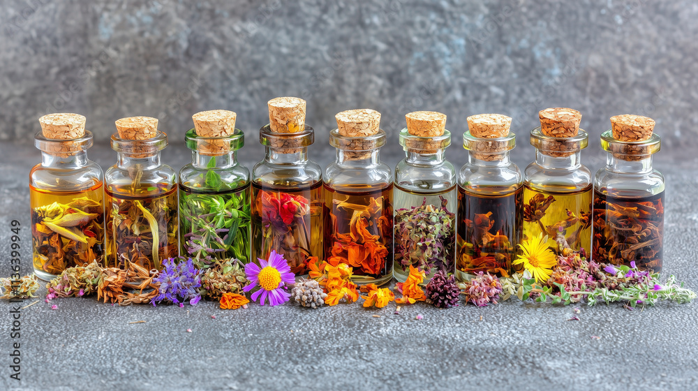 Glass Bottles of Herbal Infused Oils with Colorful Flowers on a Textured Background Glass Bottles of Herbal Infused Oils with Colorful Flowers on a Textured Background