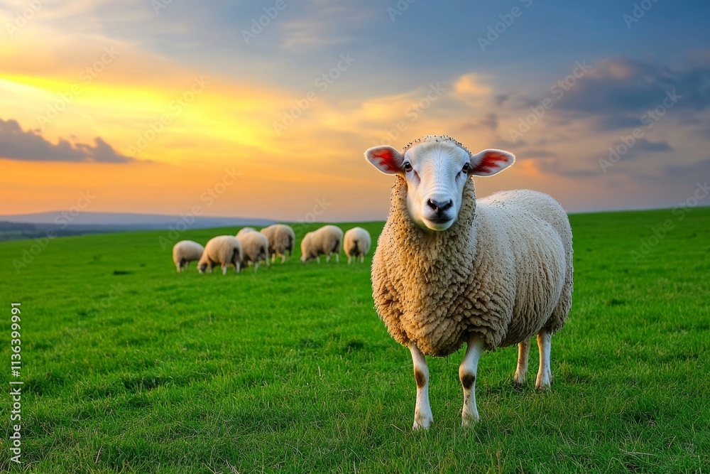 A herd of cattle and a flock of sheep grazing in harmony on a wide-open prairie under a dramatic cloudy sky A herd of cattle and a flock of sheep grazing in harmony on a wide-open prairie under a dramatic cloudy sky