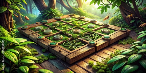 3D Jungle Game Panel, Wooden Set, Cartoon Leaves, Lianas, Modern Illustration,  Old Wood Texture,  Fantasy Game Art,  Game UI Design photo