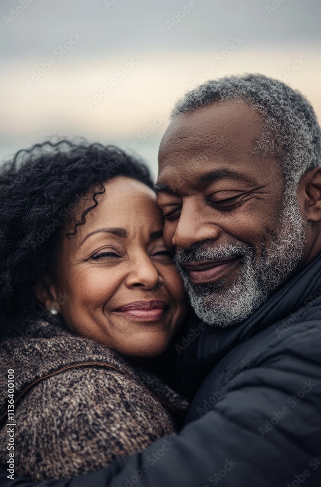 Elderly african couple embracing outdoors with warm smiles Elderly african couple embracing outdoors with warm smiles
