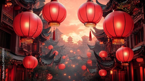 Luxurious Red and Gold Frame with Lanterns and Classic Chinese Motifs for Elegant Designs