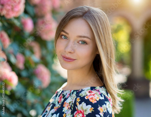 Piękna naturalna kobieta w sukience w kwiaty photo