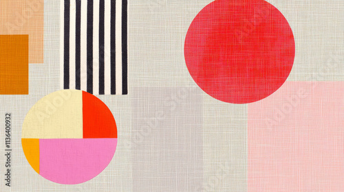 Abstract geometric art featuring vibrant circles and stripes, creating modern aesthetic. composition includes various shapes and colors, evoking sense of creativity and playfulness